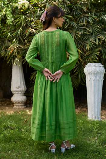 Surmaye_Green Chanderi Boat Neck Trail Embroidered Dress _Online_at_Aza_Fashions