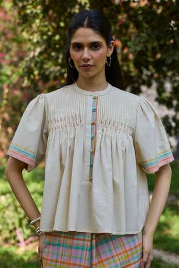 Buy_Surmaye_Ivory Cotton Mandarin Collar Unhurried Moments Handwoven Top _at_Aza_Fashions