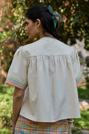 Shop_Surmaye_Ivory Cotton Mandarin Collar Unhurried Moments Handwoven Top _at_Aza_Fashions