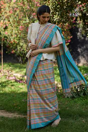 Buy_Surmaye_Ivory Cotton Mandarin Collar Unhurried Moments Handwoven Top _Online_at_Aza_Fashions