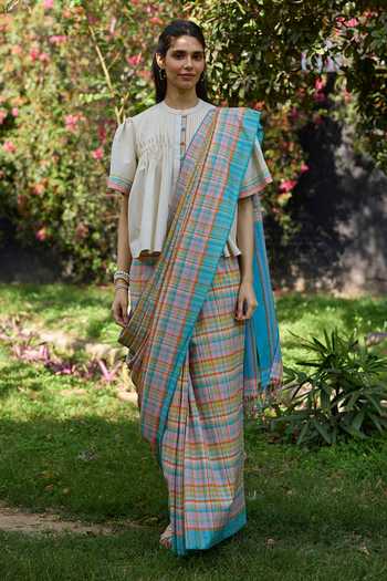 Shop_Surmaye_Ivory Cotton Mandarin Collar Unhurried Moments Handwoven Top _Online_at_Aza_Fashions