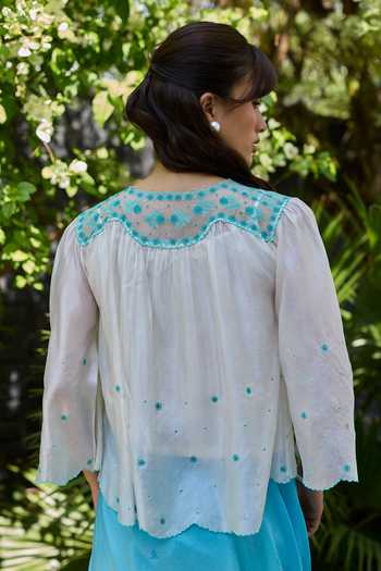 Shop_Surmaye_Ivory Silk, Organza V-neck River Fork Embroidered Top _at_Aza_Fashions