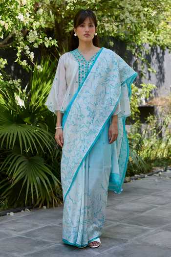 Buy_Surmaye_Ivory Silk, Organza V-neck River Fork Embroidered Top _Online_at_Aza_Fashions