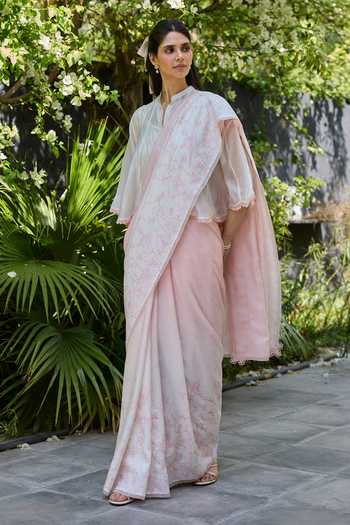 Surmaye_Pink Silk Once Upon A Garden Print Saree _Online