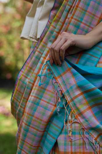 Buy_Surmaye_Multi Color Cotton Field To Shore Checkered Saree _Online_at_Aza_Fashions