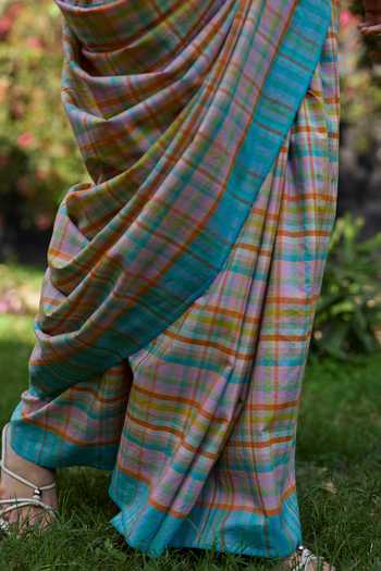 Shop_Surmaye_Multi Color Cotton Field To Shore Checkered Saree _Online_at_Aza_Fashions