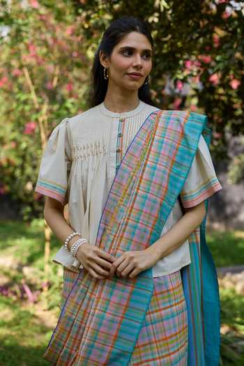 Surmaye_Multi Color Cotton Field To Shore Checkered Saree _at_Aza_Fashions