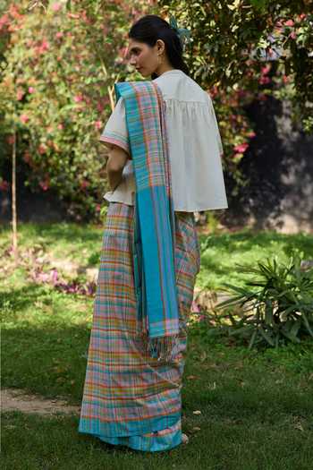 Surmaye_Multi Color Cotton Field To Shore Checkered Saree _Online_at_Aza_Fashions