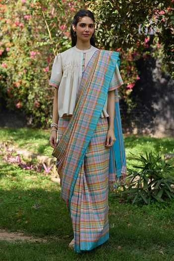 Buy_Surmaye_Multi Color Cotton Field To Shore Checkered Saree _at_Aza_Fashions