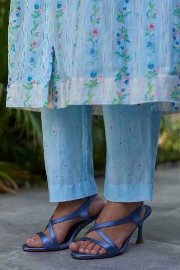 Buy_Surmaye_Blue Chanderi Mandarin Collar, Yes Hidden Orchard Kurta And Pant Set _Online_at_Aza_Fashions