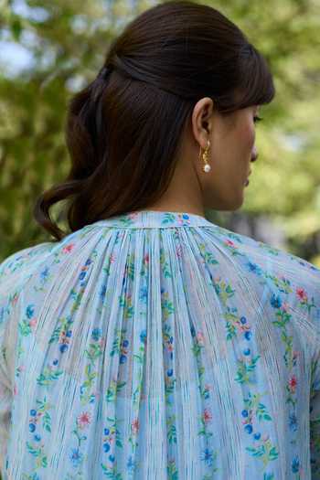 Shop_Surmaye_Blue Chanderi Mandarin Collar, Yes Hidden Orchard Kurta And Pant Set _Online_at_Aza_Fashions