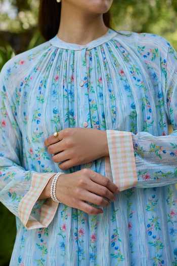 Surmaye_Blue Chanderi Mandarin Collar, Yes Hidden Orchard Kurta And Pant Set _at_Aza_Fashions