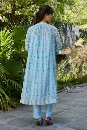 Surmaye_Blue Chanderi Mandarin Collar, Yes Hidden Orchard Kurta And Pant Set _Online_at_Aza_Fashions
