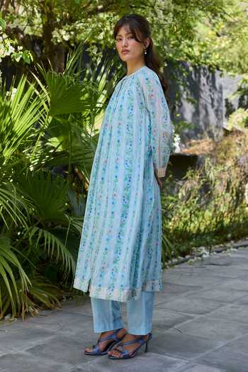Buy_Surmaye_Blue Chanderi Mandarin Collar, Yes Hidden Orchard Kurta And Pant Set 