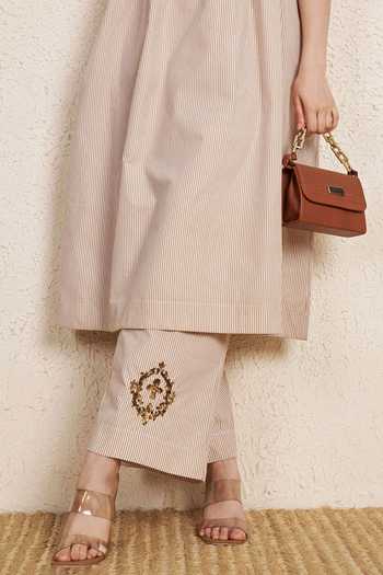 NUHH_Beige Cotton Mandarin Collar Latte Stripes Kurta And Pant Set _Online_at_Aza_Fashions