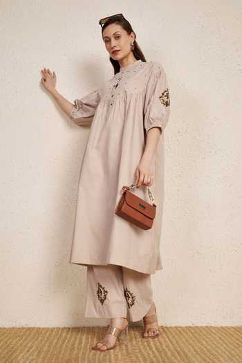 Shop_NUHH_Beige Cotton Mandarin Collar Latte Stripes Kurta And Pant Set _Online_at_Aza_Fashions