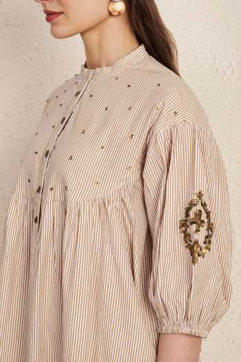 NUHH_Beige Cotton Mandarin Collar Latte Stripes Kurta And Pant Set _at_Aza_Fashions