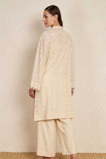 Shop_NUHH_Beige Cotton Collared, Keyhole Neck, Yes Floral Schiffli Kurta And Pant Set _at_Aza_Fashions