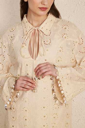 Shop_NUHH_Beige Cotton Collared, Keyhole Neck, Yes Floral Schiffli Kurta And Pant Set _Online_at_Aza_Fashions