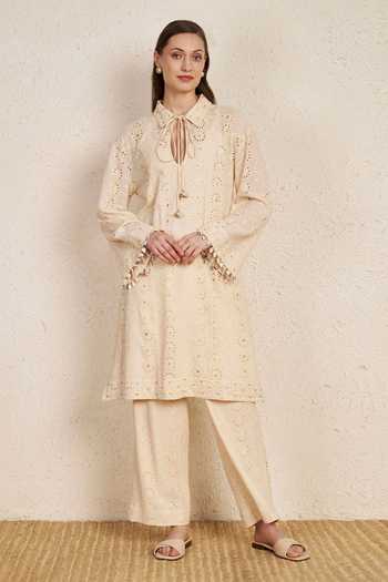 Buy_NUHH_Beige Cotton Collared, Keyhole Neck, Yes Floral Schiffli Kurta And Pant Set _at_Aza_Fashions