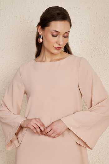 NUHH_Peach Crepe Boat Neck, Yes Pastel Kurta And Pant Co-ord Set _Online_at_Aza_Fashions