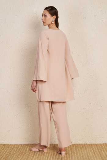 Shop_NUHH_Peach Crepe Boat Neck, Yes Pastel Kurta And Pant Co-ord Set _at_Aza_Fashions