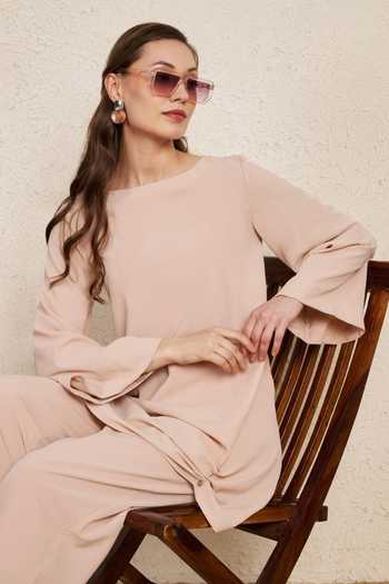 Buy_NUHH_Peach Crepe Boat Neck, Yes Pastel Kurta And Pant Co-ord Set _Online_at_Aza_Fashions