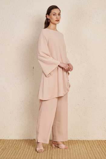 Shop_NUHH_Peach Crepe Boat Neck, Yes Pastel Kurta And Pant Co-ord Set _Online_at_Aza_Fashions