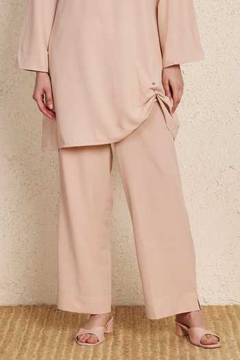 NUHH_Peach Crepe Boat Neck, Yes Pastel Kurta And Pant Co-ord Set _at_Aza_Fashions