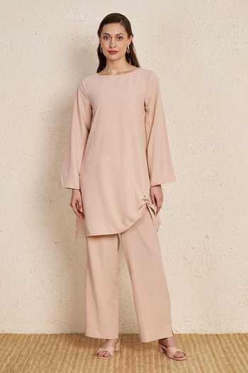 Buy_NUHH_Peach Crepe Boat Neck, Yes Pastel Kurta And Pant Co-ord Set _at_Aza_Fashions