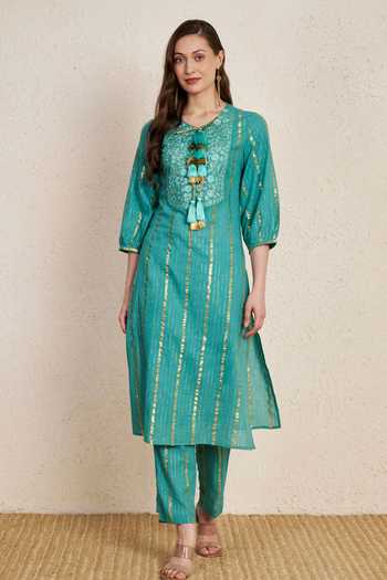 NUHH_Teal Cotton Round Neck, Yes Striped Embroidered Kurta And Pant Set _Online_at_Aza_Fashions