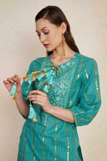 Buy_NUHH_Teal Cotton Round Neck, Yes Striped Embroidered Kurta And Pant Set _Online_at_Aza_Fashions