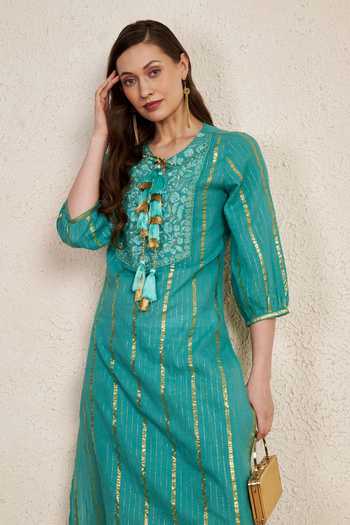 Shop_NUHH_Teal Cotton Round Neck, Yes Striped Embroidered Kurta And Pant Set _Online_at_Aza_Fashions