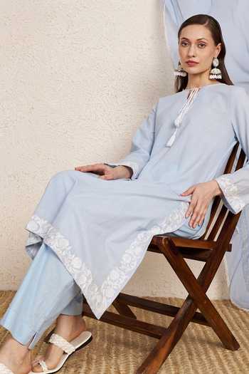 Buy_NUHH_Sky Blue Cotton, Georgette Keyhole Neck Pastel Kurta Set _Online_at_Aza_Fashions