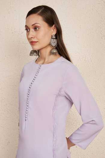 NUHH_Purple Georgette, Crepe Fringe Round Neck Pastel Kurta Set _Online_at_Aza_Fashions