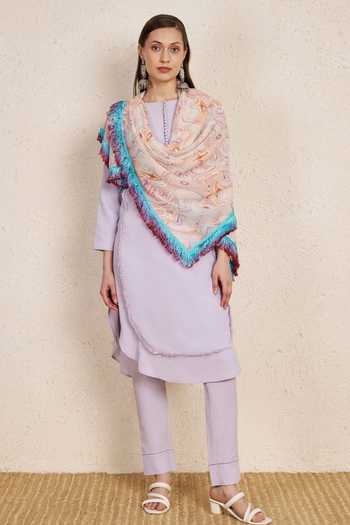 Buy_NUHH_Purple Georgette, Crepe Fringe Round Neck Pastel Kurta Set _at_Aza_Fashions
