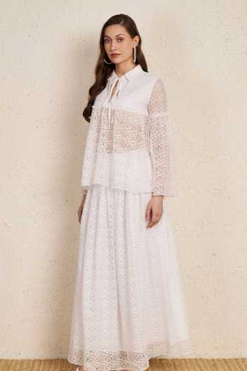 NUHH_White Polyester Collared, Keyhole Neck Lace Top And Flared Skirt Co-ord Set _Online_at_Aza_Fashions