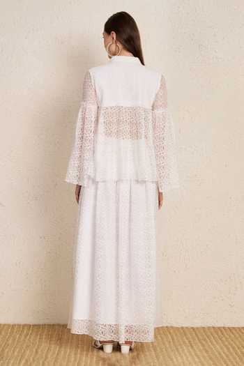 Shop_NUHH_White Polyester Collared, Keyhole Neck Lace Top And Flared Skirt Co-ord Set _at_Aza_Fashions