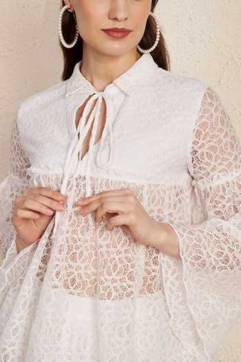 Buy_NUHH_White Polyester Collared, Keyhole Neck Lace Top And Flared Skirt Co-ord Set _Online_at_Aza_Fashions