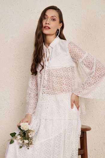 Shop_NUHH_White Polyester Collared, Keyhole Neck Lace Top And Flared Skirt Co-ord Set _Online_at_Aza_Fashions