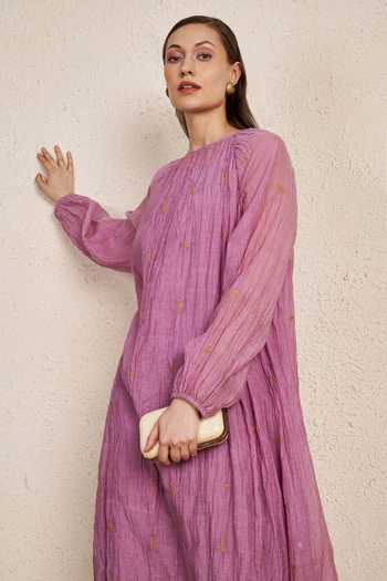 Shop_NUHH_Lavender Chanderi Round Neck Floral Embroidered Kurta And Pant Set _Online_at_Aza_Fashions