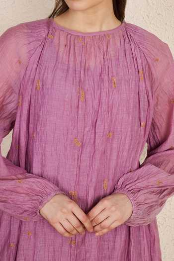 NUHH_Lavender Chanderi Round Neck Floral Embroidered Kurta And Pant Set _at_Aza_Fashions