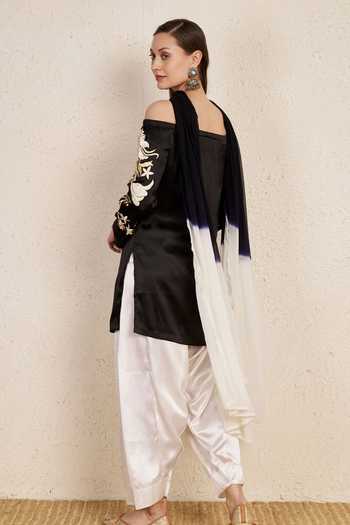 Shop_NUHH_Black Satin, Georgette Off-shoulder, Yes Off Embroidered Kurta Set _at_Aza_Fashions