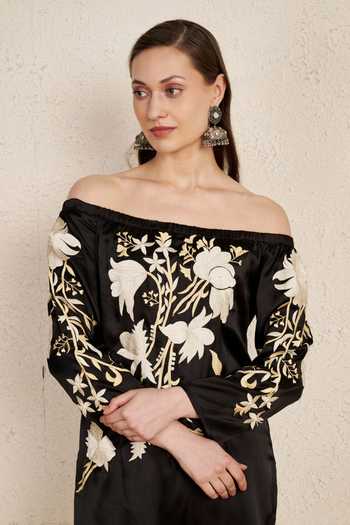 NUHH_Black Satin, Georgette Off-shoulder, Yes Off Embroidered Kurta Set _Online_at_Aza_Fashions