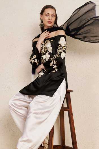 Buy_NUHH_Black Satin, Georgette Off-shoulder, Yes Off Embroidered Kurta Set _Online_at_Aza_Fashions