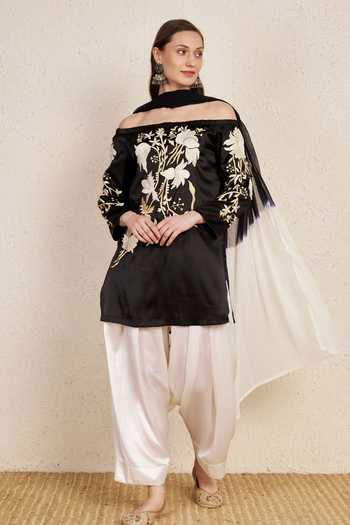 Buy_NUHH_Black Satin, Georgette Off-shoulder, Yes Off Embroidered Kurta Set _at_Aza_Fashions