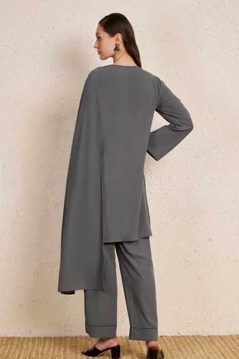 Shop_NUHH_Grey Crepe Cowl Neck, Yes Minimal Draped Kurta And Pant Set _at_Aza_Fashions