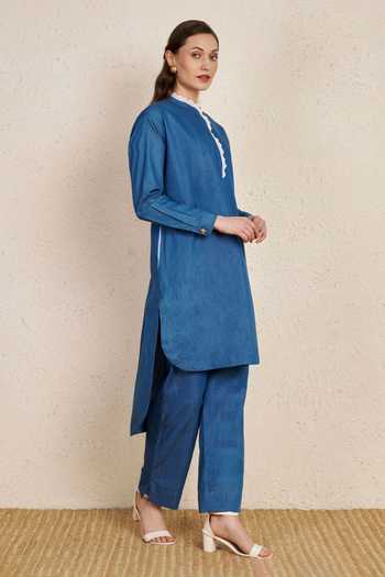 NUHH_Blue Cotton Mandarin Collar Lace Detailed Minimal Kurta And Pant Set _Online_at_Aza_Fashions