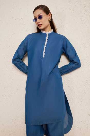 Buy_NUHH_Blue Cotton Mandarin Collar Lace Detailed Minimal Kurta And Pant Set _Online_at_Aza_Fashions
