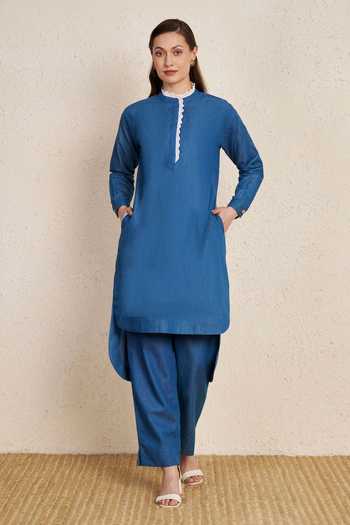Buy_NUHH_Blue Cotton Mandarin Collar Lace Detailed Minimal Kurta And Pant Set _at_Aza_Fashions